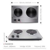 Cusimax Hot Plate Electric Double Burner Cast Iron Heating Plate Outdoor Stove 1800W with Adjustable Temperature Control Non-Slip Rubber Feet Black Stainless Steel Easy Clean Upgraded Version