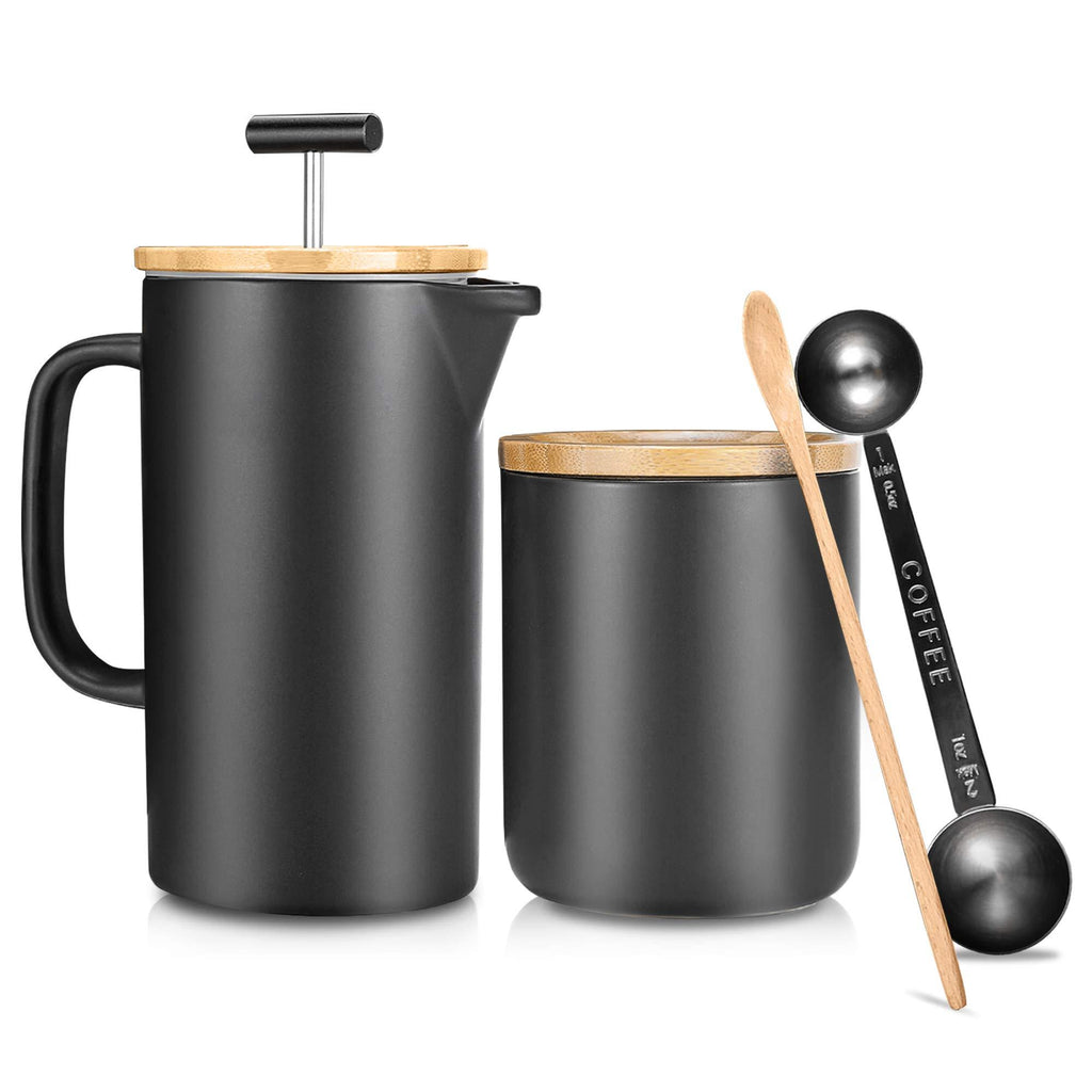 Ceramic French Press Coffee Maker/Coffee Plunger/Coffee Press (24 oz.) with Grounds Canister | Non-Porous Stoneware | Complimentary Measuring & Stirring Spoons