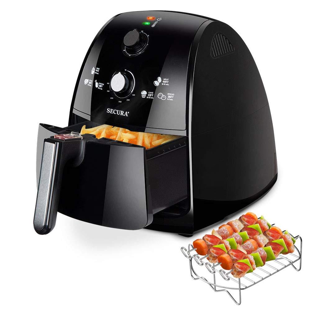 Secura 4 Liter, 4.2 Qt., Extra Large Capacity 1500 Watt Electric Hot Air Fryer and Additional Accessories, Recipes,Toaster Rack and Skewers