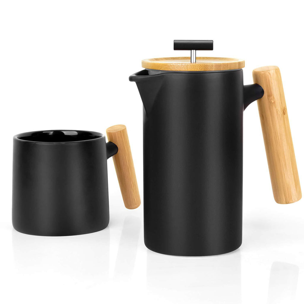 Ceramic French Press Coffee Maker/Coffee Press/Coffee Plunger (24 oz.) |Non-Porous Stoneware | with Coffee Mug (Black)