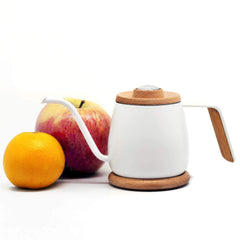 SimpleReal - Pour Over Coffee Kettle with Thermometer, TAMAGO Japanese Style Gooseneck Single Serve Kettle for Drip Coffee and Tea, Stainless Steel body with wooden lid, 12 oz