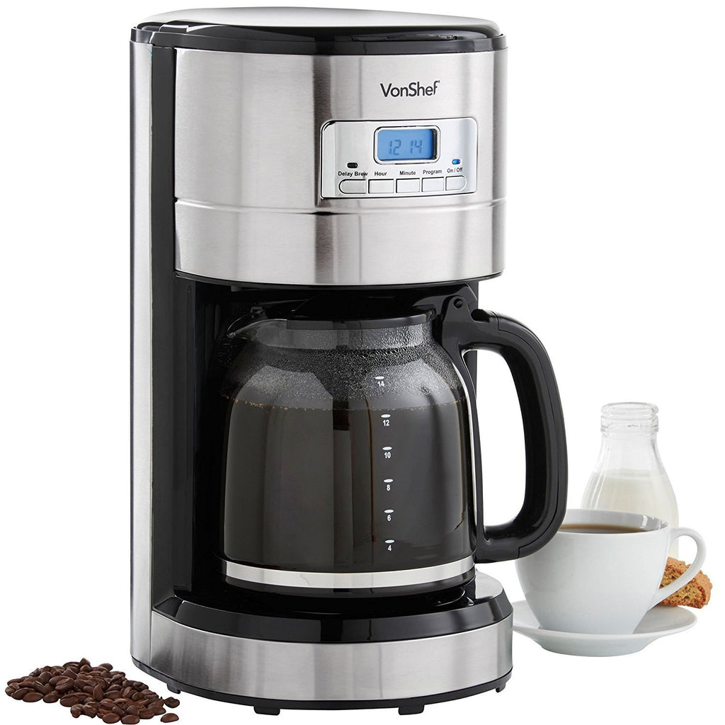 VonShef 220 240 Volts Coffee Maker 12-14 Cup with Reusable Filter, Hot Plate, Digital Programmable 24 hour timer Bundle With Dynastar Plug Adapters (NOT FOR USA)