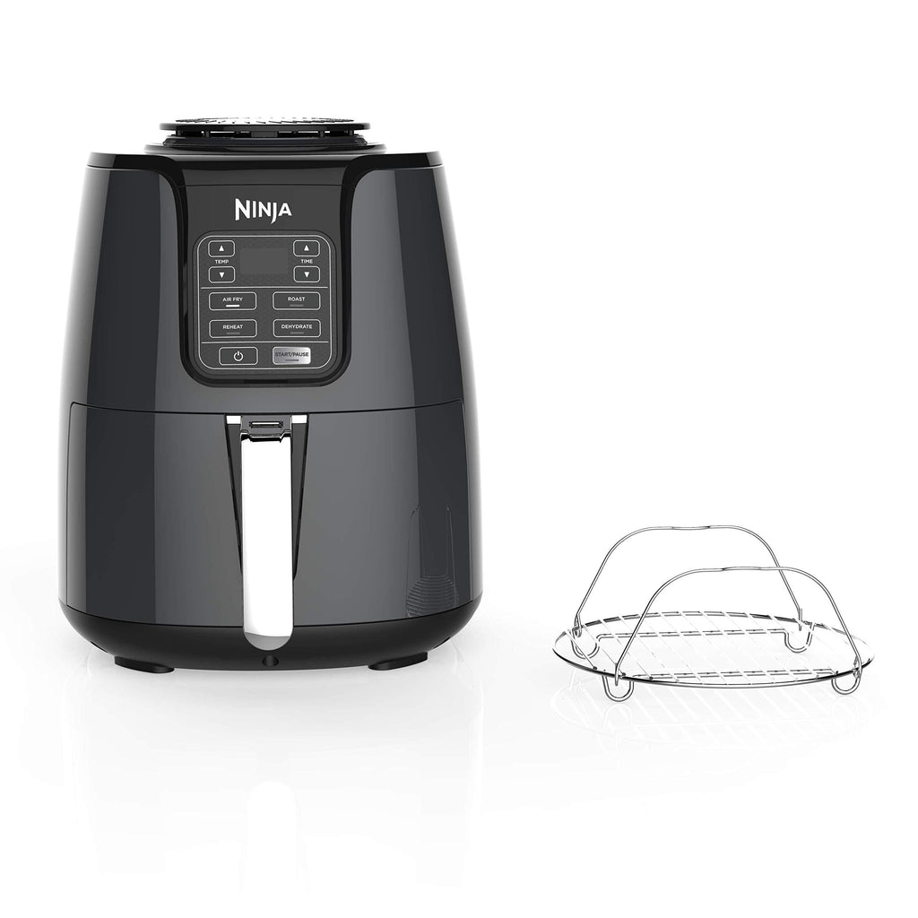 Ninja Air Fryer, 1550-Watt Programmable Base for Air Frying, Roasting, Reheating & Dehydrating with 4-Quart Ceramic Coated Basket (AF101), Black/Gray