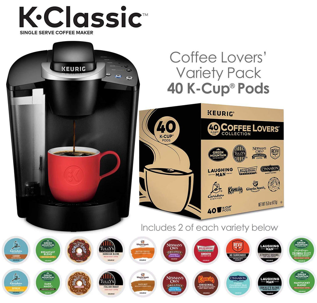 Keurig K-Classic Coffee Maker with Coffee Lover's 40 ct K-Cup Pods Variety Pack, Black