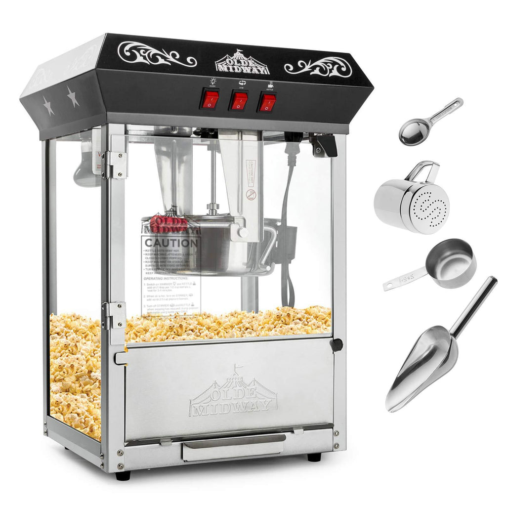 Olde Midway Bar Style Popcorn Machine Maker Popper with 8-Ounce Kettle - Black