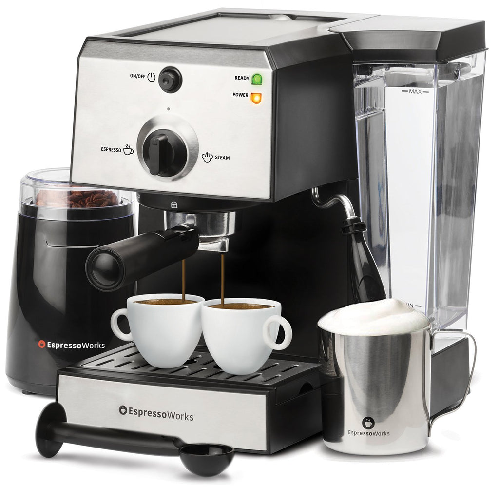 7 Pc All-In-One Espresso Machine & Cappuccino Maker Barista Bundle Set w/ Built-In Steamer & Frother (Inc: Coffee Bean Grinder, Portafilter, Milk Frothing Cup, Spoon/Tamper & 2 Cups), Stainless Steel