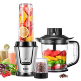 Deik Personal Blender Smoothie Maker with Coffee Grinder and 1.2 L Kitchen Food Processor, 3 in 1 Multi Portable Mini Juicer, 600ml Tritan Travel Bottle, 4 Stainless Steel Sharp Blades, 500W