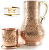 The Silk Road Trade - KS Series - NEW 2019-45oz Copper Pitcher and 7.7oz Cup Set with Lid, Moscow Mule Water Jug, Ice Tea and Juice Beverage, Desktop/Bedside Night Water Carafe Ayurvedic (Engraved)