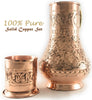 The Silk Road Trade - KS Series - NEW 2019-45oz Copper Pitcher and 7.7oz Cup Set with Lid, Moscow Mule Water Jug, Ice Tea and Juice Beverage, Desktop/Bedside Night Water Carafe Ayurvedic (Engraved)