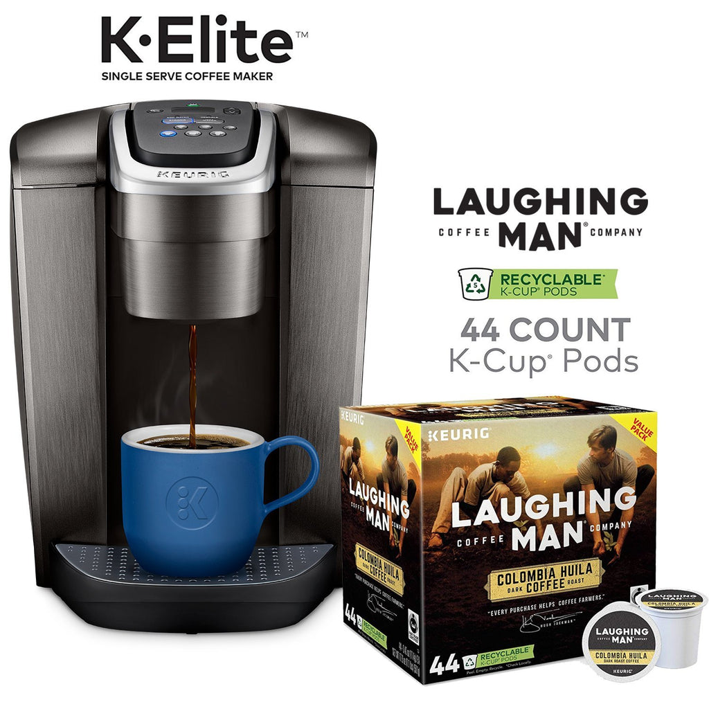 Keurig K-Elite, Brushed Slate Single Serve Coffee Maker and Laughing Man Colombia Huila K-Cup Pods, 44 ct