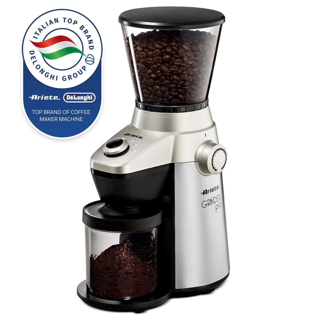 Ariete -Delonghi Electric Coffee Grinder - Professional Heavy Duty Stainless Steel, Conical Burr - Ultra Fine Grind, Adjustable Cup Size, 15 Fine - Coarse Grind Size Settings