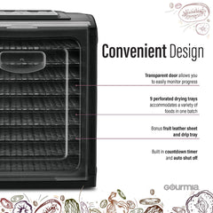 Gourmia GFD1950 Premium Countertop Food Dehydrator 9 Drying Shelves Digital Thermostat Preset Temperature Settings Airflow Circulation Countdown Timer Free Recipe Book Included 110V