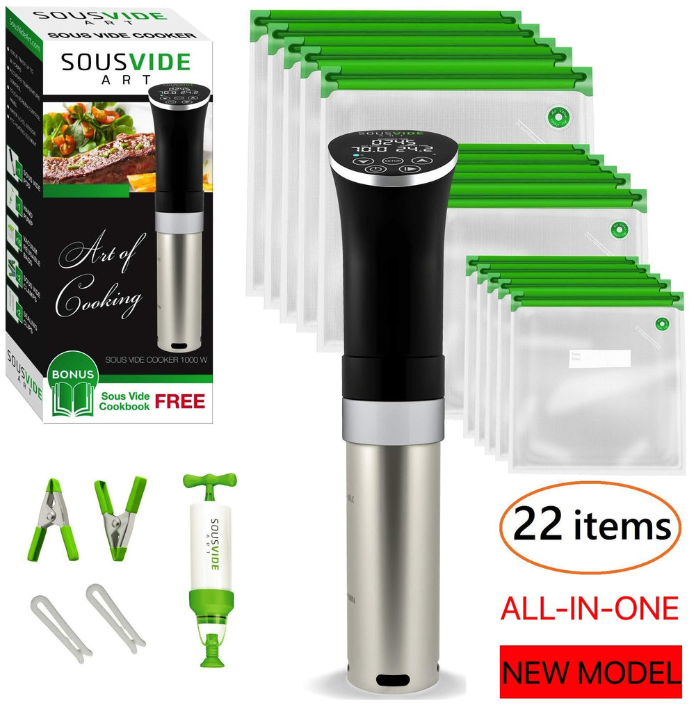 Sous Vide Cooker Immersion Circulator - Sous Vide Starter Kit - Sous Vide Pod 1000W, 15 Bags, Pump, Clips,  Free Cookbook