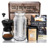 Cold Brew Coffee Maker Starter Kit - Half Gal Mason Jar | Stainless Filter Basket | Ceramic Burr Coffee Grinder | Half Pound Certified Organic Whole Bean Cold Brew Coffee Blend | Recipe & Instruction Book